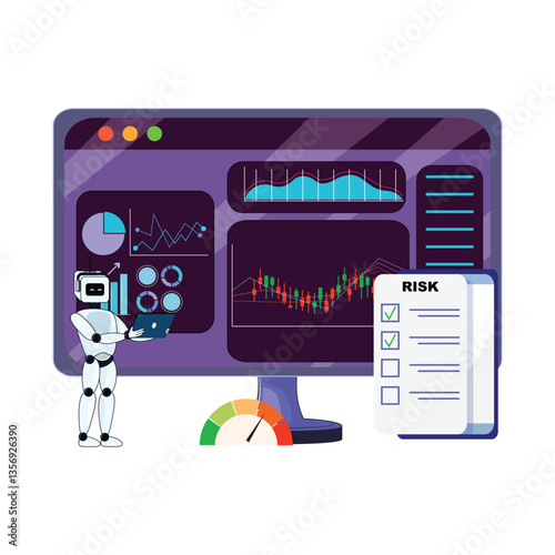 AI risk management in trading illustration with analysis display, checklist, and humanoid