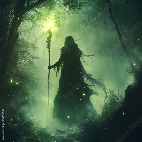 Fantasy elf glowing with a magical staff walking through a misty enchanted forest