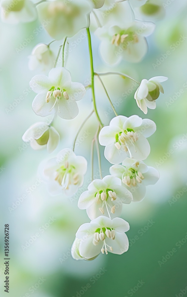Fototapeta premium A close-up of the delicate white flowers hanging from Euphorbia, a type of spurge with beautiful small and large flower heads that form an elegant arch on its stem. The background is blurred to highli