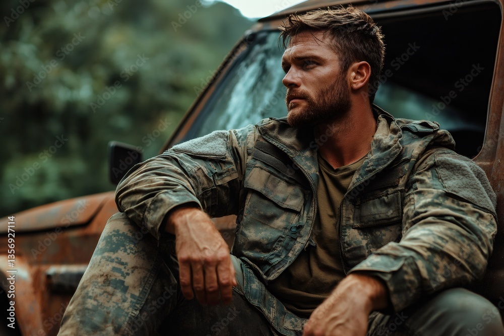 Obraz premium Soldier resting near military vehicle after combat operation in forest