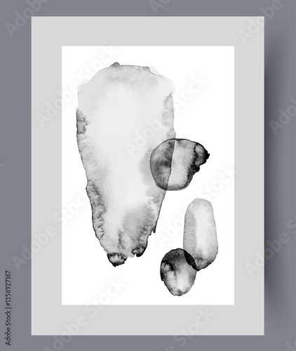 Asymmetrical artwork with dark spots of different shapes to decorate apartment with Nordic interior. Minimalistic watercolor artwork from art gallery with masterpieces of art from 50s and 60s