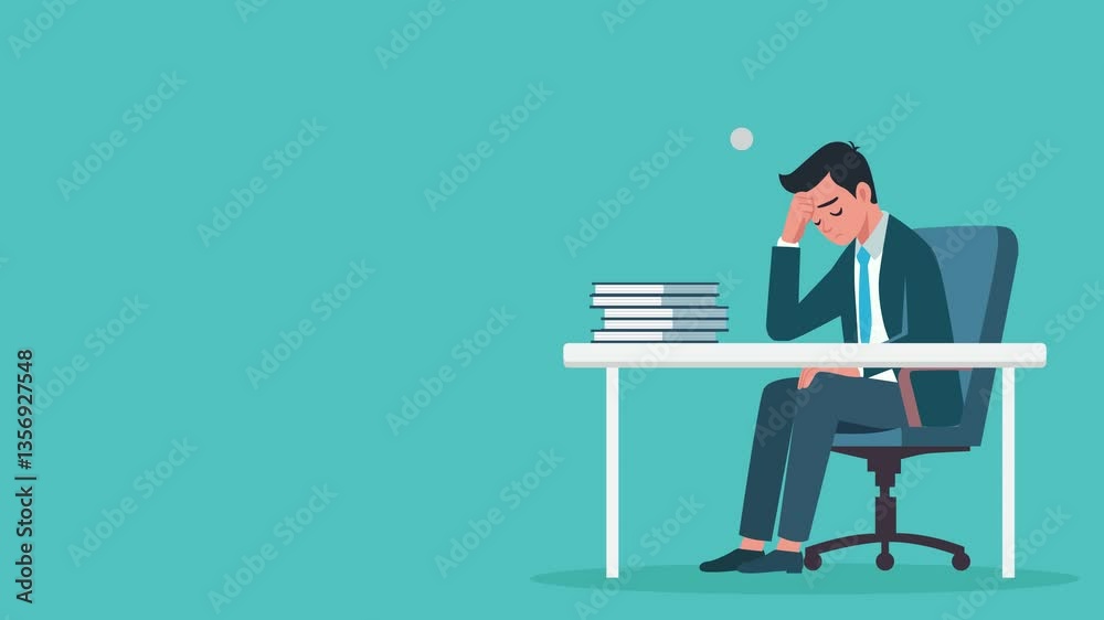 animation businessman confuse holding his head sitting alone in a chair with a desk full of revision papers.animated depressed businessman thinking about his future company animation businessman confuse holding his head sitting alone in a chair with a desk full of revision papers.animated depressed businessman thinking about his future company
