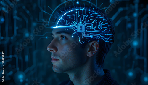 Portrait of a man with an open head, revealing a computer chip and neon circuits replacing his brain.