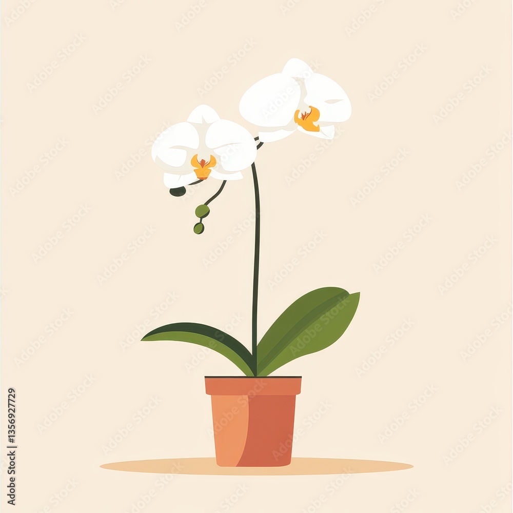 Elegant White Orchid in a Simple Pot on a Soft Beige Background Elegant White Orchid in a Simple Pot on a Soft Beige Background