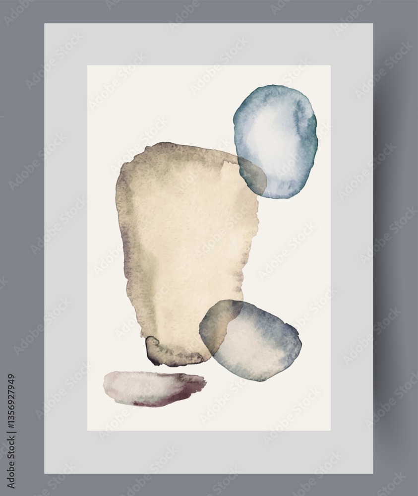 Abstract spots in Nordic style on art poster with chaotic shapes, for 60s art magazine. Nordic or Scandinavian composition with pastel asymmetrical figures for decorating living room interior