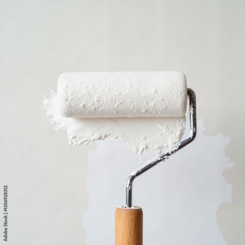Obraz premium Close-up of paint roller applying white paint on wall, DIY home project