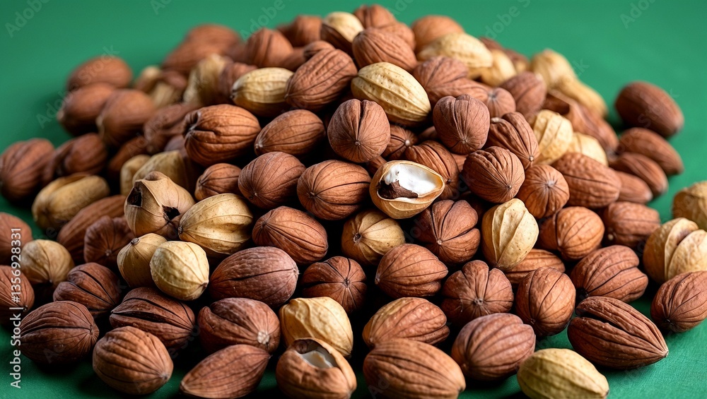A colorful display of nuts on green background A colorful display of nuts on green background