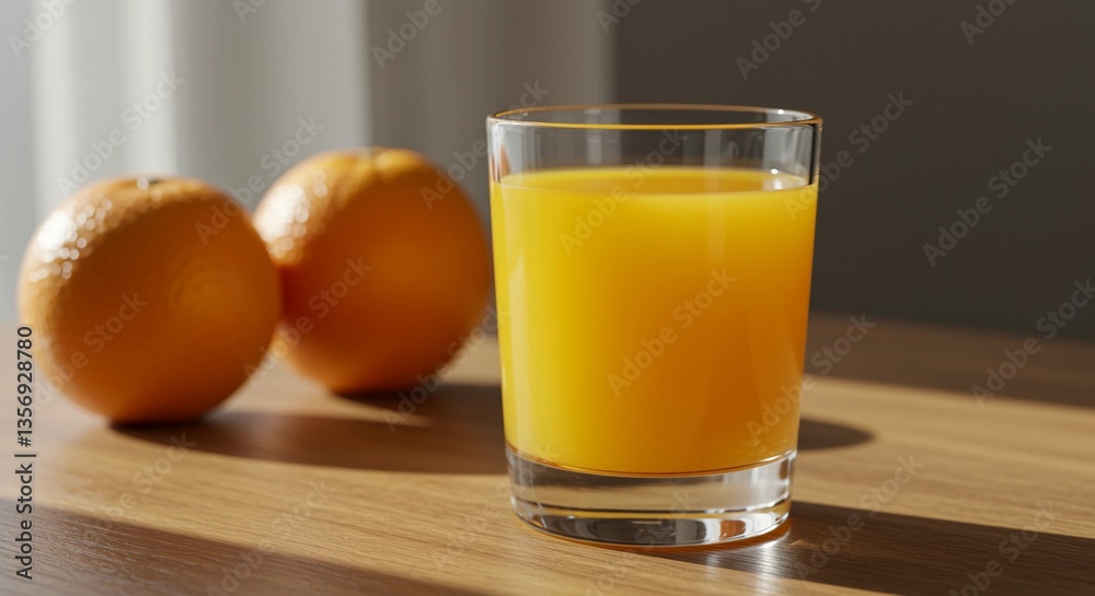 Fototapeta premium Refreshing glass of orange juice with whole oranges on sunny wooden table