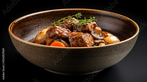 Rustic brown beef stew served in ceramic bowl with warm studio lighting