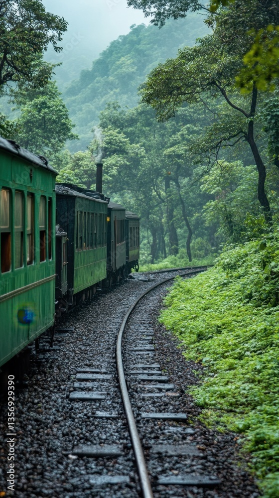 Fototapeta premium Enchanting Green Train Journey Through Lush Forest on a Misty Day Scenic Railway Adventure in Nature