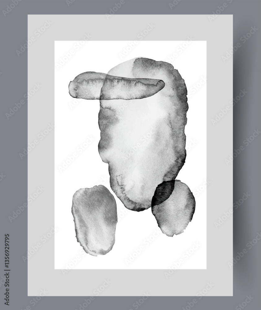 Minimalistic abstract painting with black translucent spots of chaotic shape, symbolizing hopelessness. Minimalist art poster for website design about creativity and contemporary art. Wall art, print