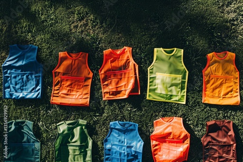 Colorful Training Vests Laying on Green Grass Under Natural Light