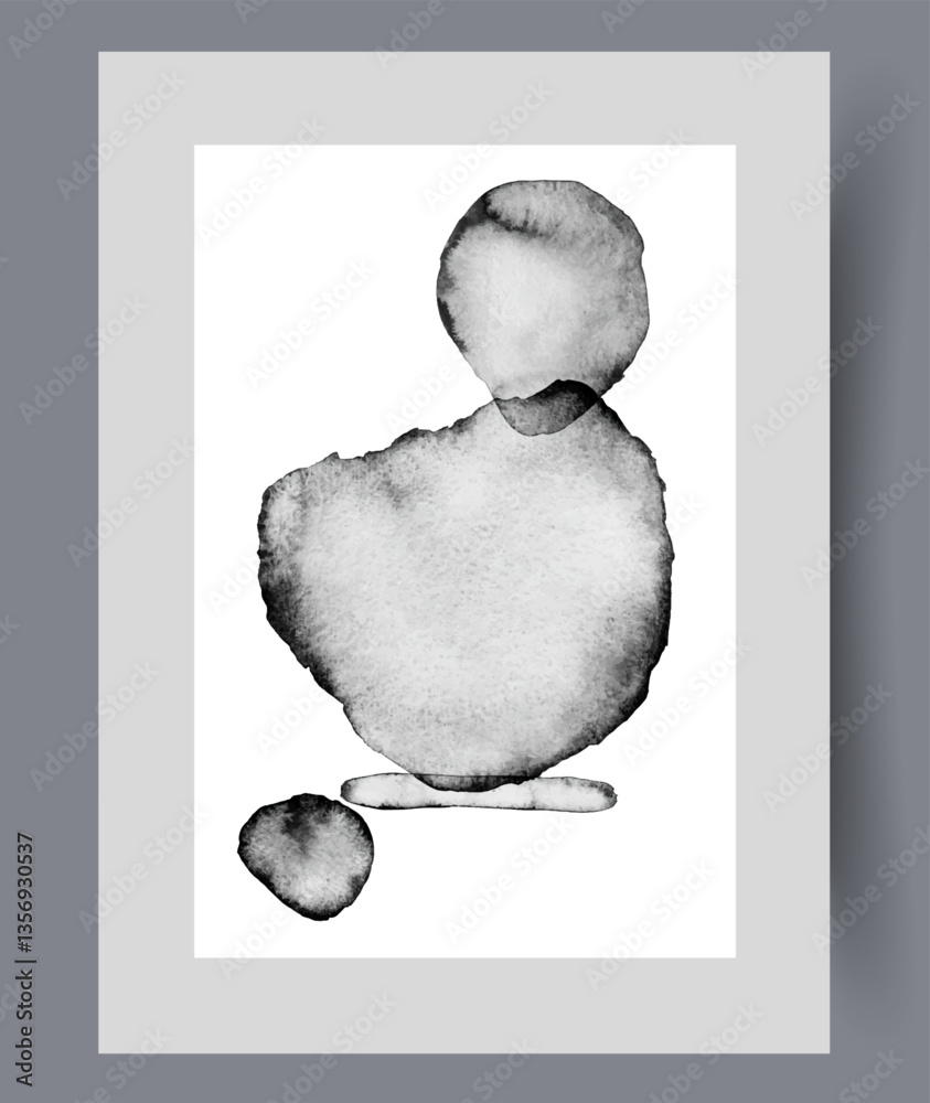 Chaotic spots and shapes on abstract art piece with asymmetrical geometric shapes on 50s style poster. Painting with chaotic composition with dark elements symbolizing calm and lack of fuss