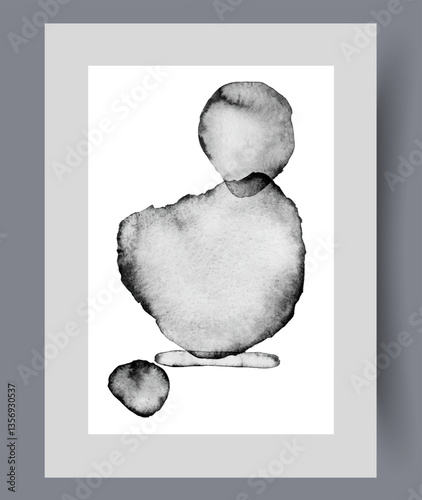 Obraz na płótnie Chaotic spots and shapes on abstract art piece with asymmetrical geometric shapes on 50s style poster. Painting with chaotic composition with dark elements symbolizing calm and lack of fuss w salonie