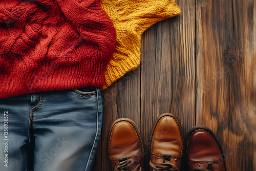 Cozy Autumn Attire: A vibrant ensemble of a red sweater, jeans, and brown leather shoes are elegantly arranged, inviting warmth and autumnal comfort.