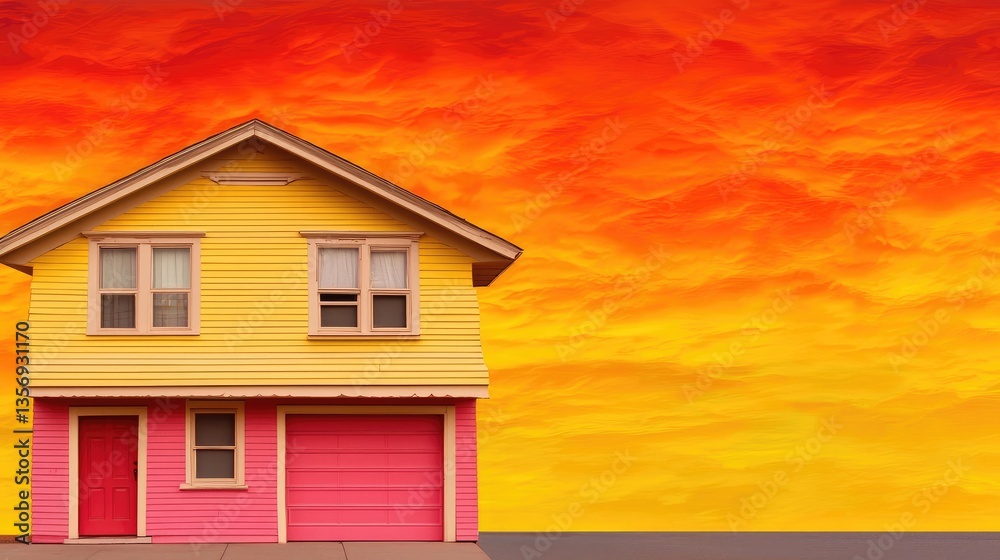 House with red-orange sky, a surreal home stands tall amid fiery sunset, ideal for real estate ads House with red-orange sky, a surreal home stands tall amid fiery sunset, ideal for real estate ads