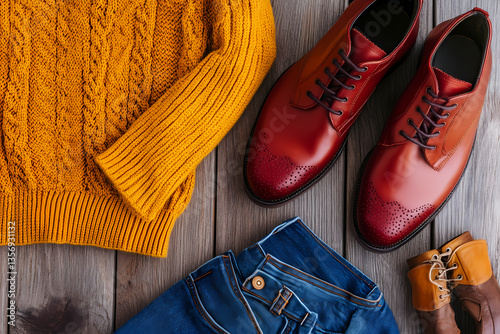Fashionable Attire: A visually appealing flat lay arrangement of fashionable clothing items, featuring a cable-knit sweater, leather shoes, denim jeans, and boots on a wooden surface.