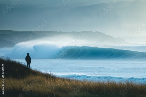 Surfer watching big crashing wave at sunrise on the coastline
