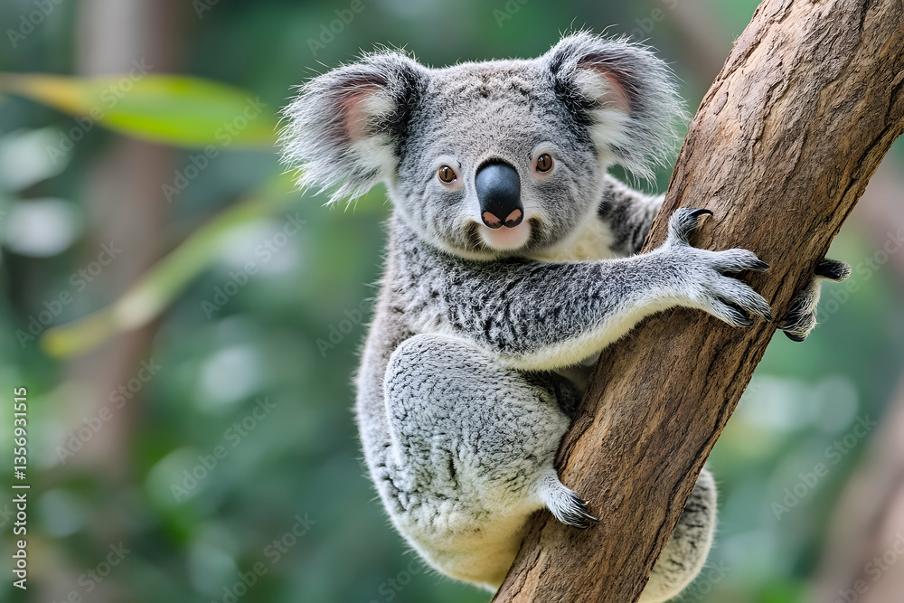 Naklejka premium Adorable koala bear clinging to a tree trunk, looking directly at the camera