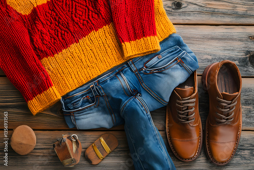 Autumn Fashion Essentials: An overhead shot reveals a stylish arrangement of casual attire: a cozy, vibrant sweater; classic jeans, complemented by a pair of polished leather boots and accessories.