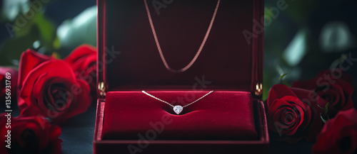 Timeless Treasure: A heart-shaped diamond necklace, nestled within a velvet box, radiates elegance and romance, surrounded by passionate red roses, conveying a timeless message of love and commitment.