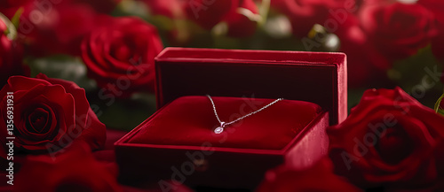 Elegant Gift: A close-up shot presents an exquisite diamond necklace resting inside a velvet jewelry box, artfully nestled within a bed of vibrant red roses, a scene exuding luxury and romance.