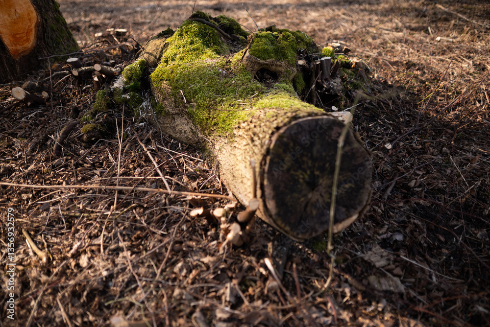 Fototapeta premium mossy log partially submerged in a crystal-clear stream, surrounded by lush, tropical vegetation.