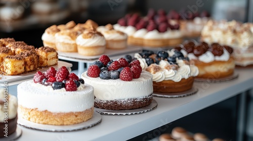 Wallpaper Mural A delightful arrangement of various cakes and pastries on display in a bakery, showcasing a colorful array of treats, tempting viewers with their exquisite designs and flavors. Torontodigital.ca