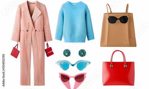 Style Essentials: A curated collection of fashion items showcasing an array of apparel, sunglasses, and accessories, arranged in an aesthetically pleasing and professional composition.