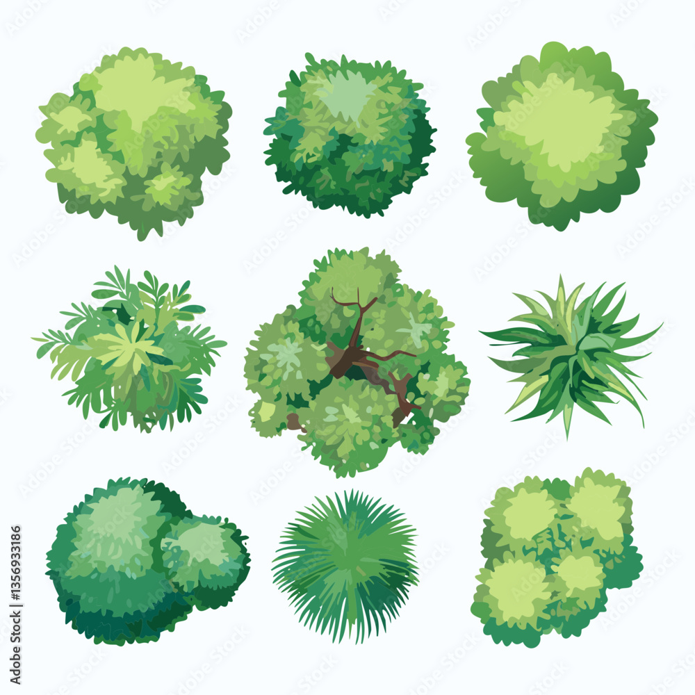 Ensemble de 9 Icônes d'Arbres et d'Arbustes pour Plans de Jardins et Architecture Vus de dessus, Nature et Végétation Couleur Vert Vecteur