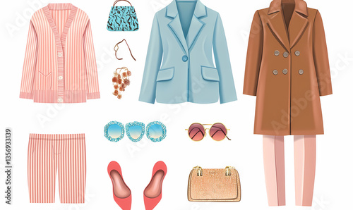 Fashion Ensemble: A carefully curated collection of stylish clothing and accessories, artfully arranged to showcase a cohesive and fashionable aesthetic.