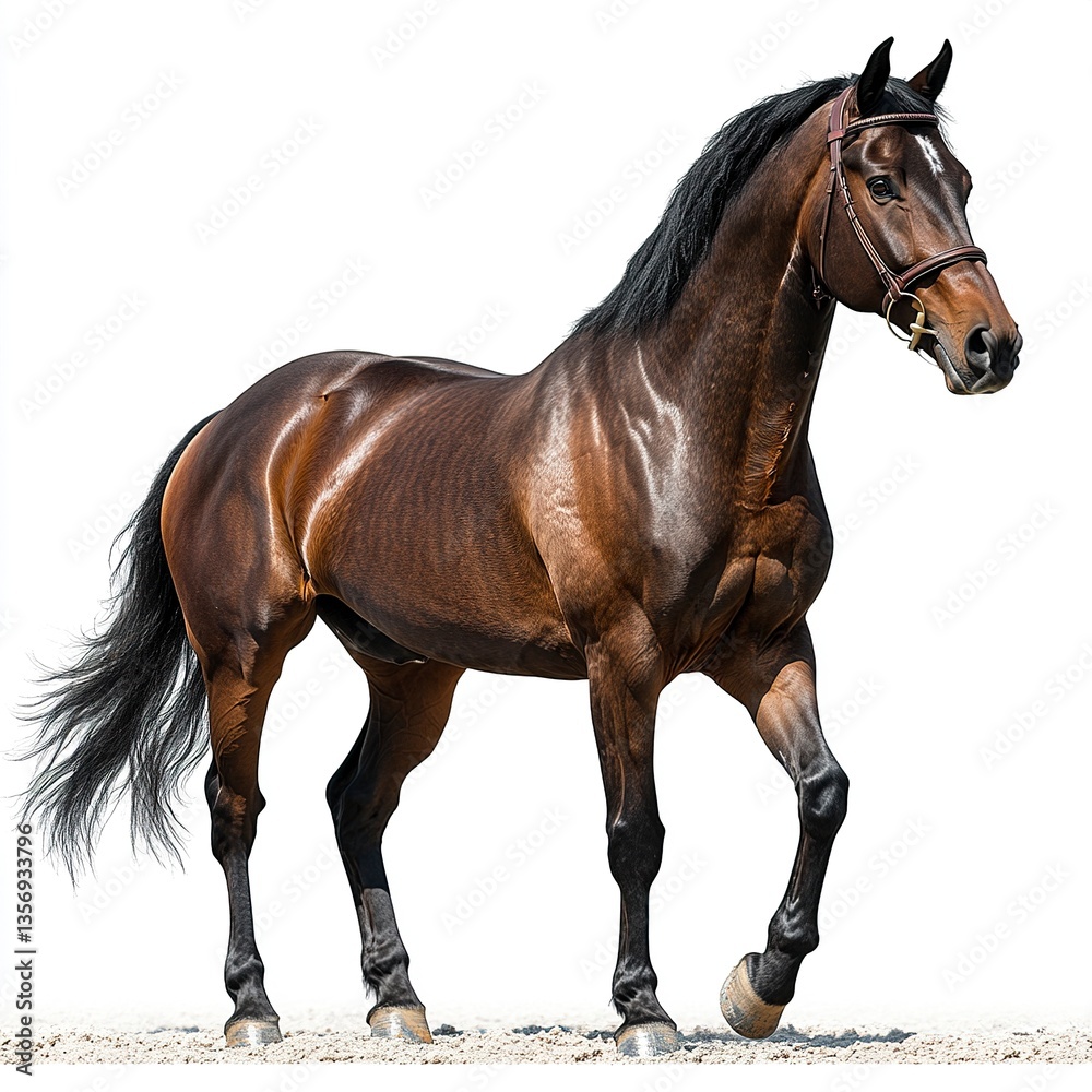 Naklejka premium Brown horse with a graceful stance, tail gently swaying, and its head turned slightly to the side, isolated on a pure white background for clarity.