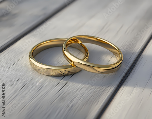 Eternal Bond: Golden wedding rings symbolize everlasting love and commitment, set against a weathered wooden texture to represent the enduring nature of relationships.