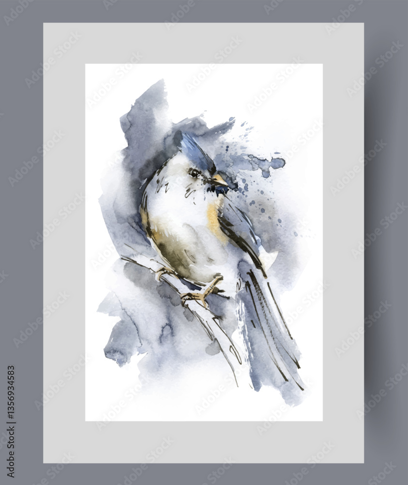 Lark bird with long tail and crest on its head sits on tree branch on print. Watercolor poster. Artwork with beautiful lark looking around in search of food, in frame with decor for wall art