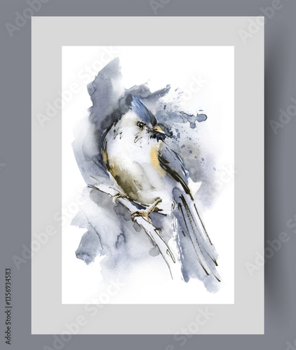 Obraz na płótnie Lark bird with long tail and crest on its head sits on tree branch on print. Watercolor poster. Artwork with beautiful lark looking around in search of food, in frame with decor for wall art w salonie