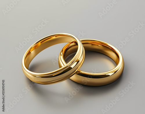 Two Golden Rings: Intricately detailed and glowing, two intertwined gold wedding rings symbolize eternal love and commitment, resting against a simple, neutral backdrop, conveying the beauty of unity.