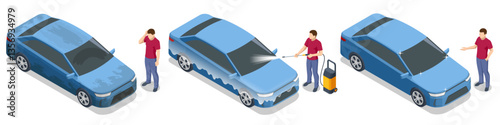 Isometric vector illustration of a man manually washing a dirty blue car using a pressure washer, showing stages from dirty vehicle to shiny clean automobile