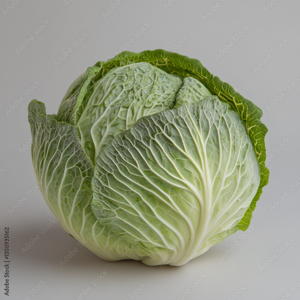 Fototapeta premium Large head of Chinese cabbage illuminated against a neutral background showcasing intricate leaf patterns
