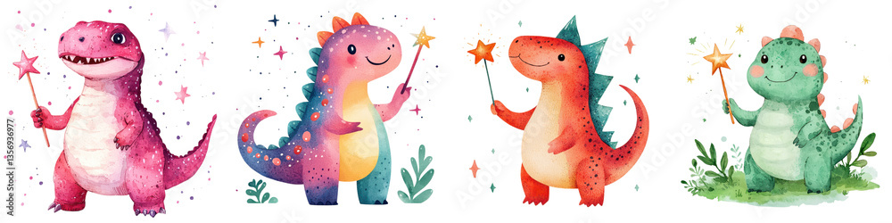 Obraz premium A group of adorable colorful dinosaur characters surrounded by stars leaves and a whimsical fairy tale inspired environment creating a sense of playful fantasy and wonder