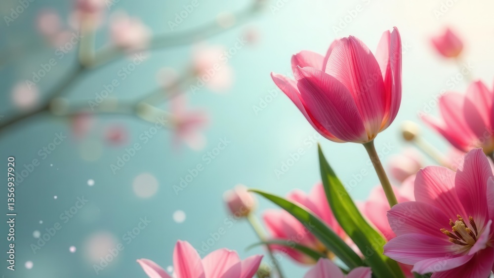 Fototapeta premium A Delicate Bouquet of Pink Tulips Blooming Under a Soft, Gentle Light