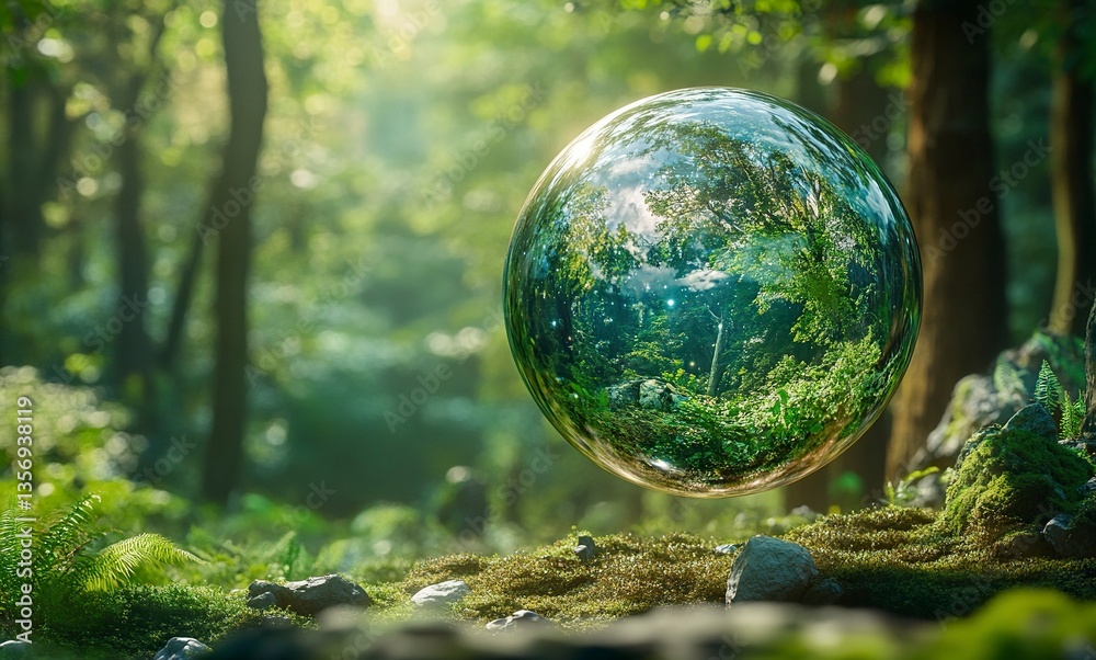 A glass sphere floating in the air, reflecting an ancient forest with towering trees and lush green foliage. The Earth is visible inside it, with its various continents scattered across the surface. A glass sphere floating in the air, reflecting an ancient forest with towering trees and lush green foliage. The Earth is visible inside it, with its various continents scattered across the surface.
