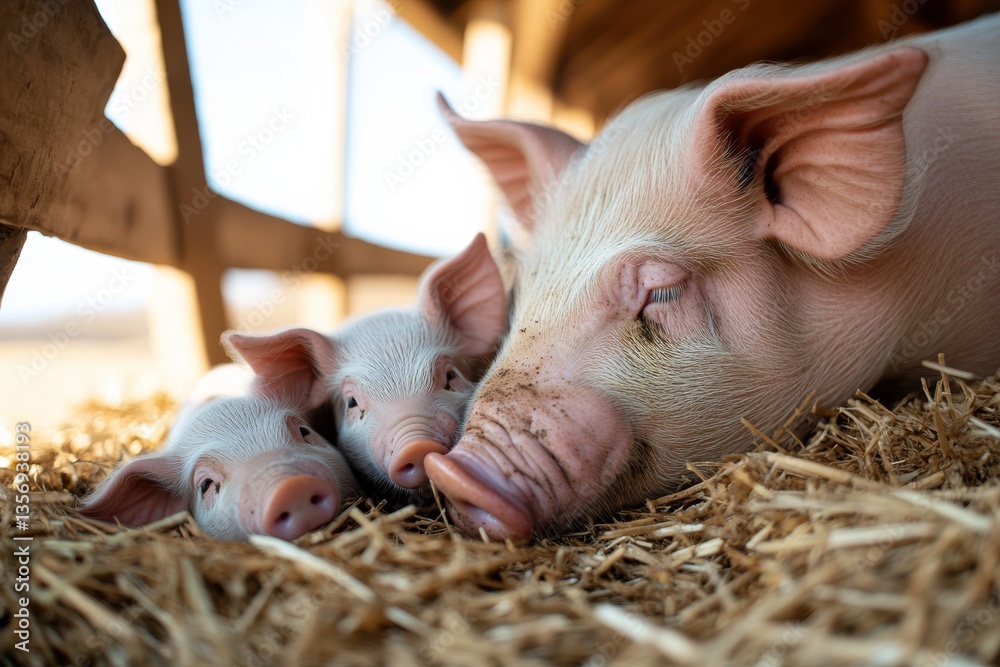 A mother pig resting peacefully with her adorable piglets in cozy straw bedding, showcasing the warmth of family in a farm setting full of life and tenderness. A mother pig resting peacefully with her adorable piglets in cozy straw bedding, showcasing the warmth of family in a farm setting full of life and tenderness.