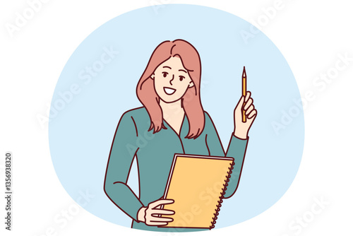 Woman is holding notepad and pen recommending job plan for successful completion of deadlines. Woman teacher at school with smile gives children quality education and prepares for exams