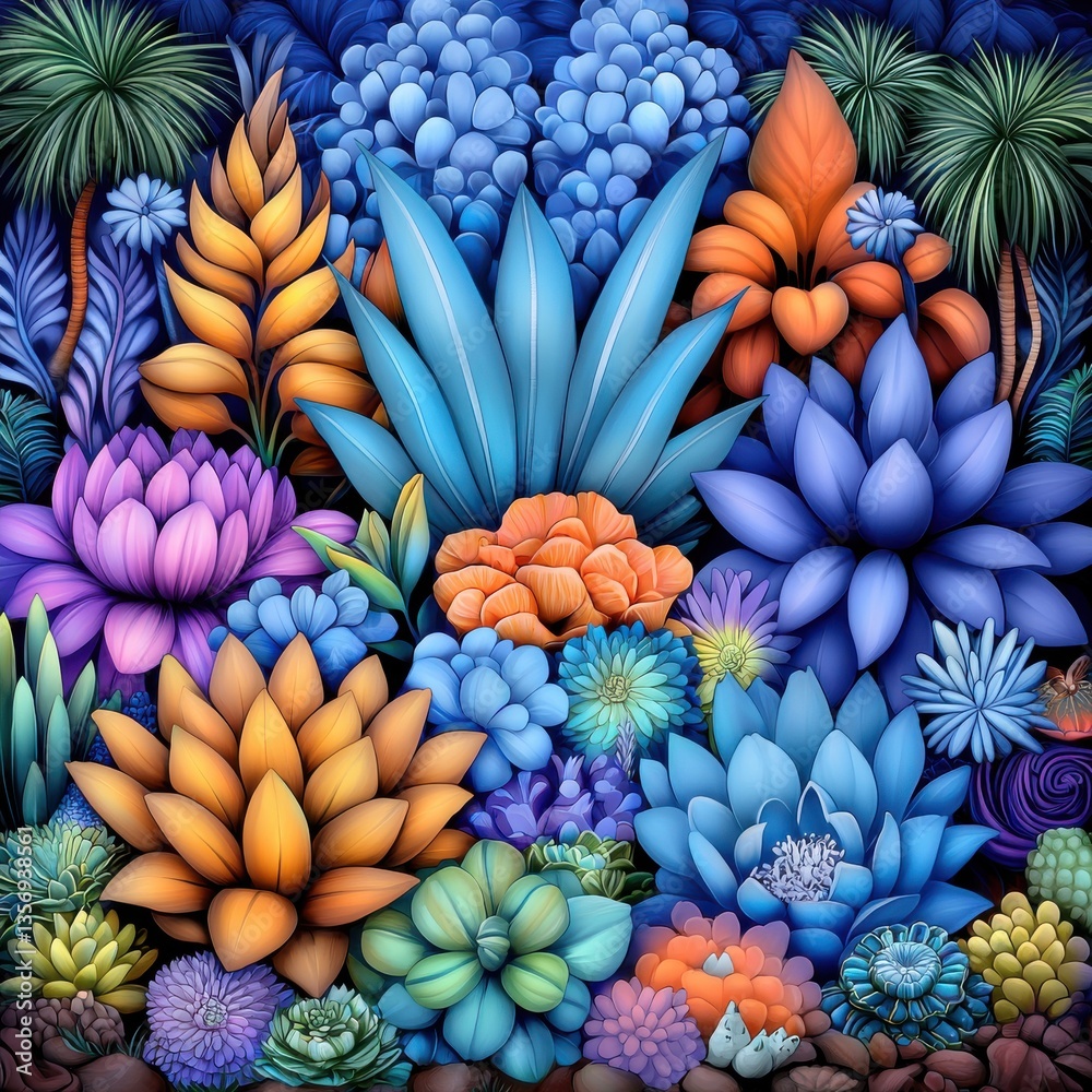 Fototapeta premium Mystical Neon Forest with Luminescent Flora and Stylized Succulents Glowing in Vivid Blues Oranges and Purples at Nighttime