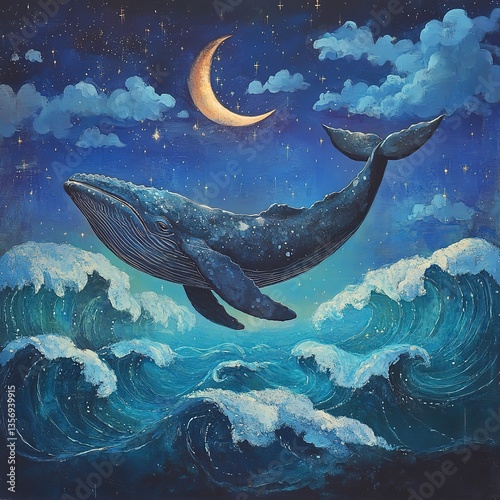 Giant whale swimming through glowing waves in a surreal ocean under a crescent moon
