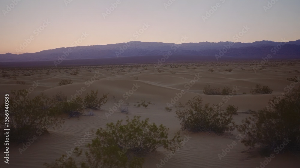 Serene Sunset over Mesmerizing Desert Dunes and Distant Mountains Serene Sunset over Mesmerizing Desert Dunes and Distant Mountains