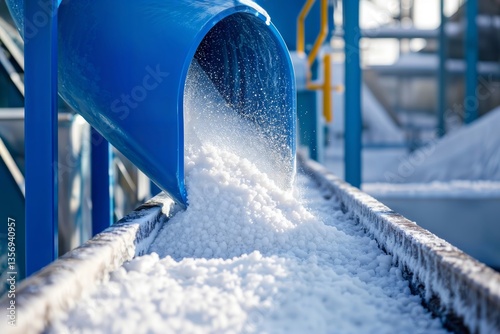 Polymer production facility. White plastic pellets flowing from blue chute onto conveyor in manufacturing plant, showing industrial polymer or resin production process.