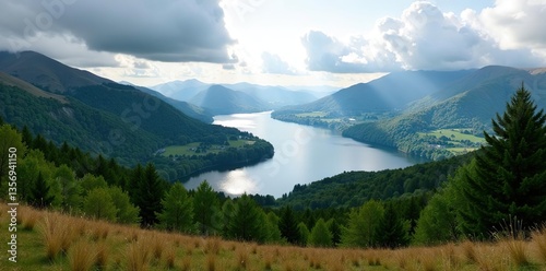 A dramatic view of Loch Lomond and the Trossachs National Park from Craigiefort, Scotland, showcasing rolling hills, dense forests, and sparkling waterways,  adventure,  National Park