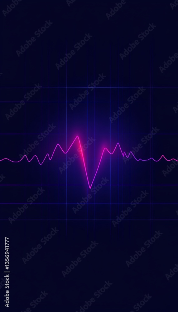 Fototapeta premium Neon Cyan Heartbeat Line, Vibrant Pulse on Dark Blue Grid Background, Modern Healthcare Technology