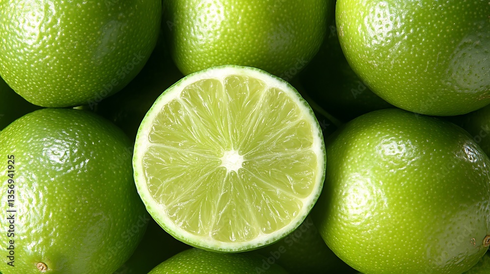 Close-up of a lime cut in half surrounded by whole limes. Close-up of a lime cut in half surrounded by whole limes.
